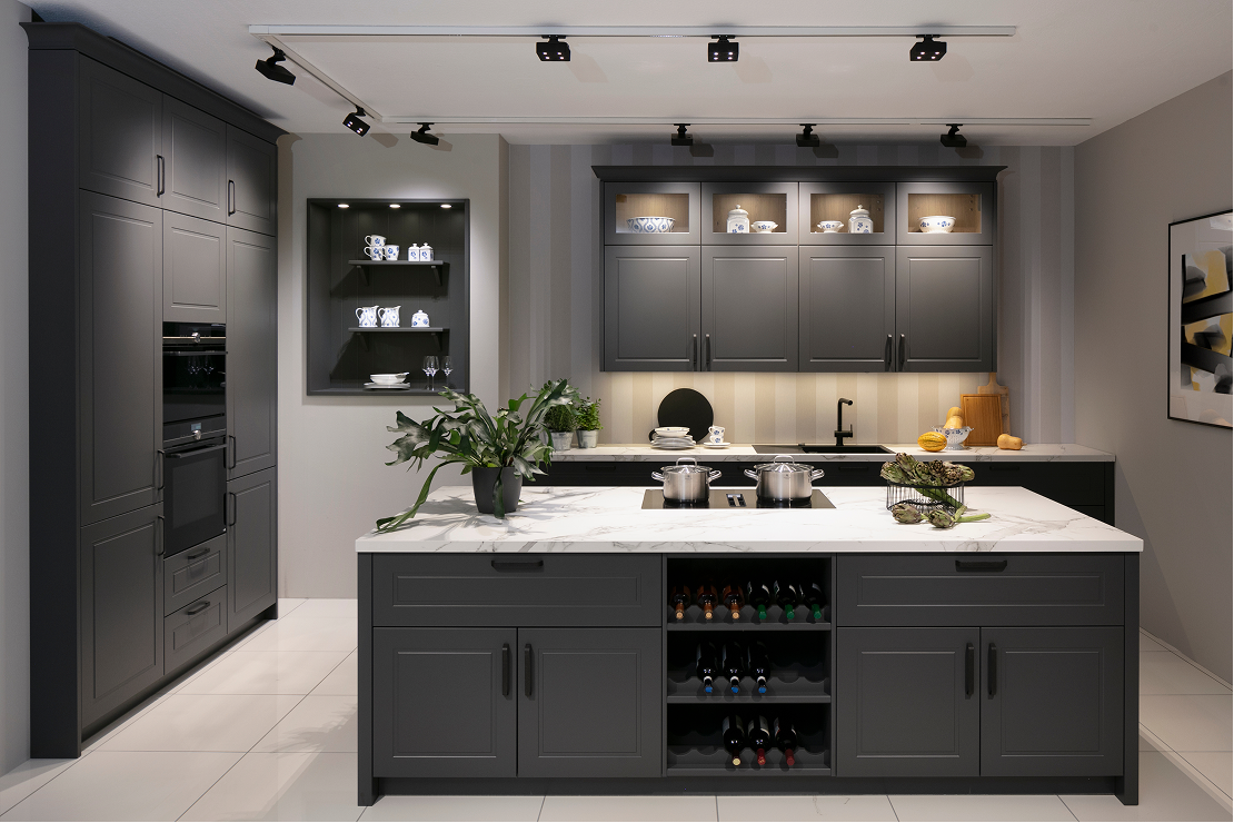 Landhaus Dunkelgrau Arbeitsplatte Marmordekor